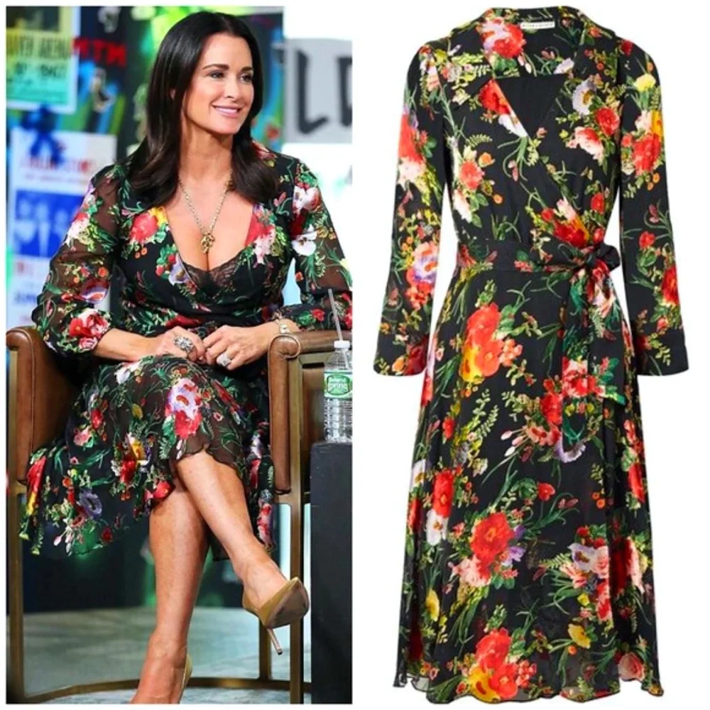 Alice + Olivia Abney Floral Black Red Collared Midi Dress - Picture 8 of 16